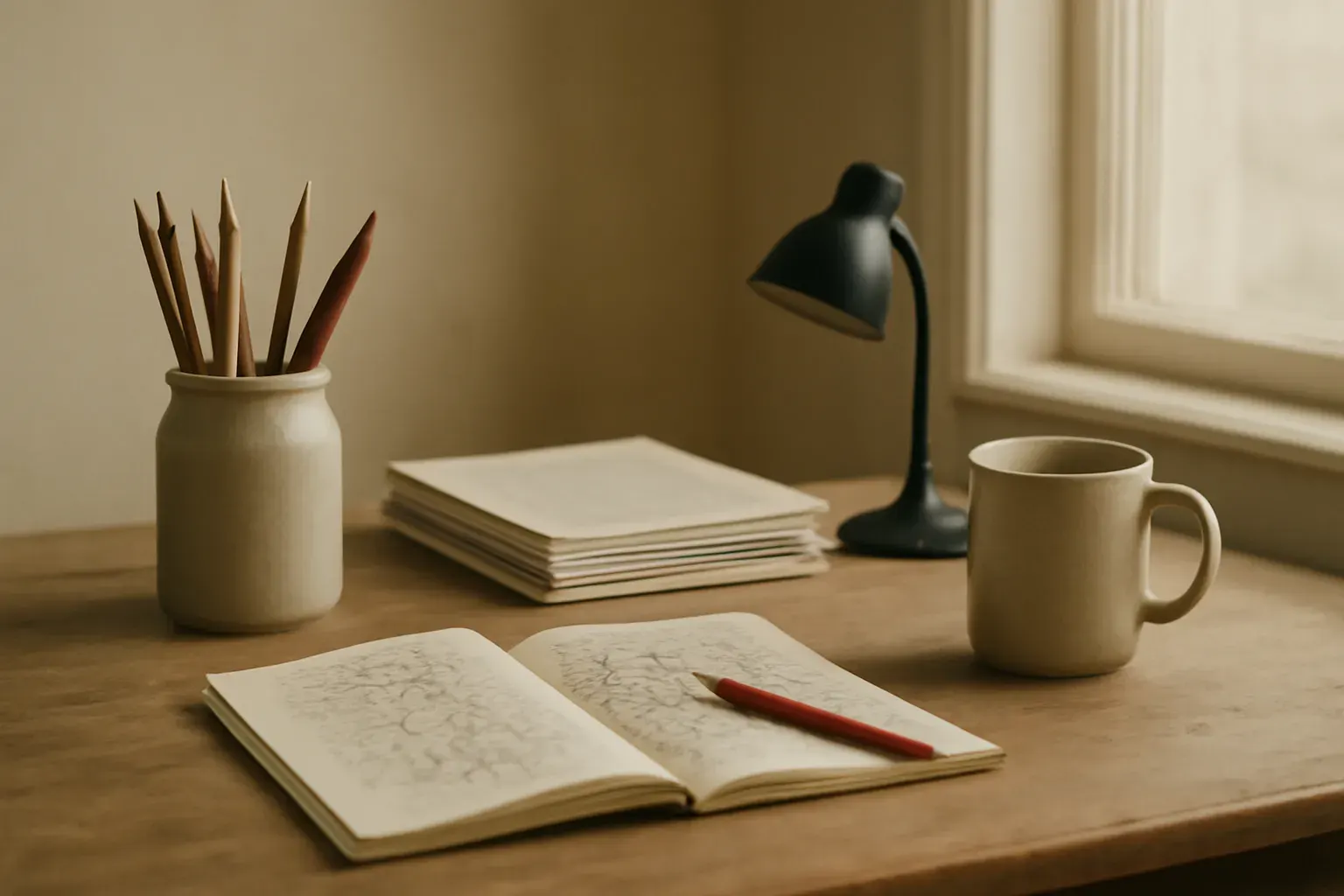 A writing desk in daylight with paper stacks and a jar of pencils.