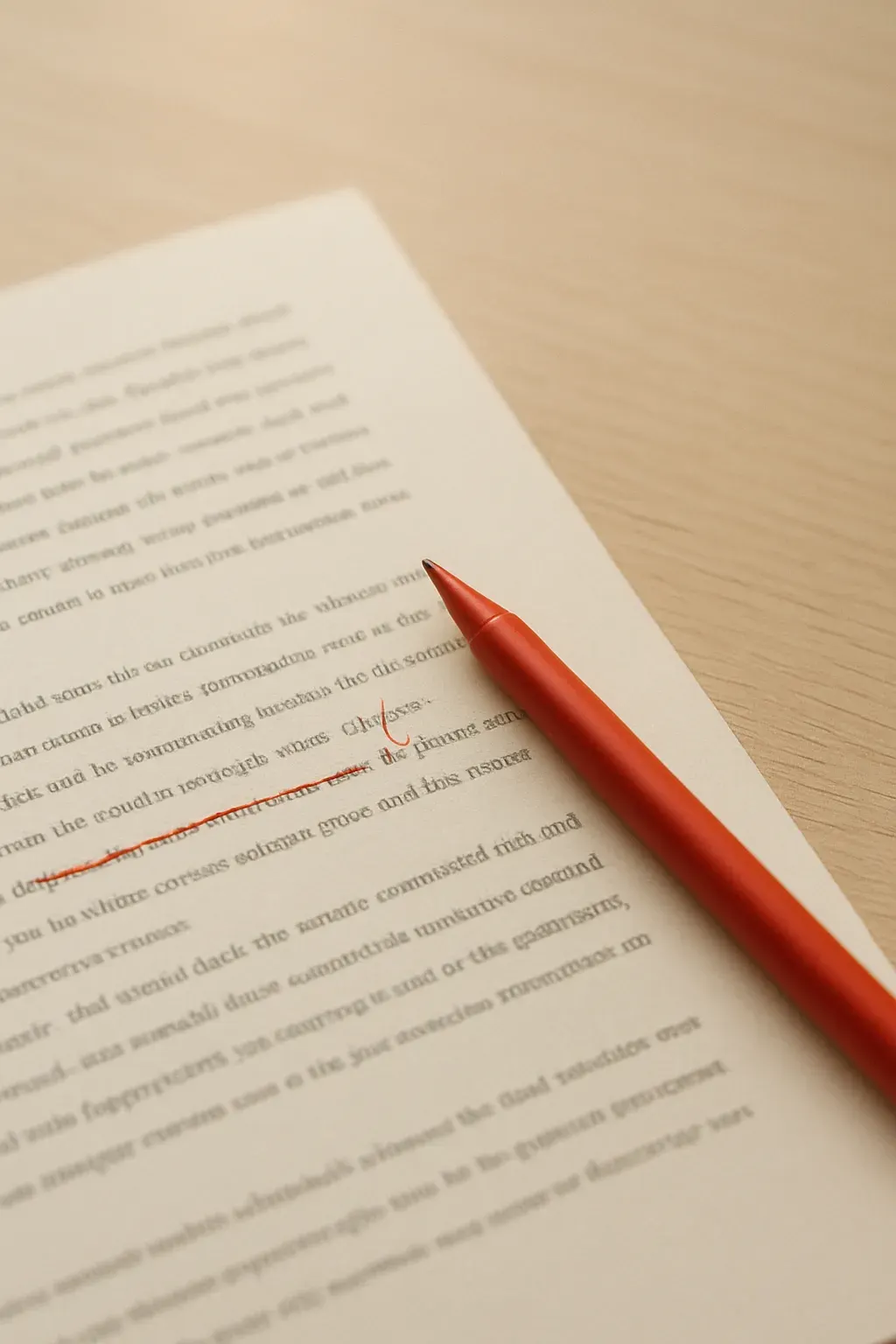 A printed page on a desk in daylight, marked up in red pen, with one word struck out and another inserted above it.