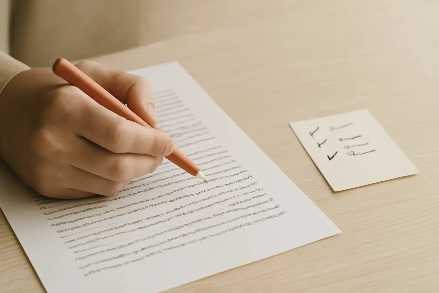 Hands marking a printed draft with a red pen beside a checklist.